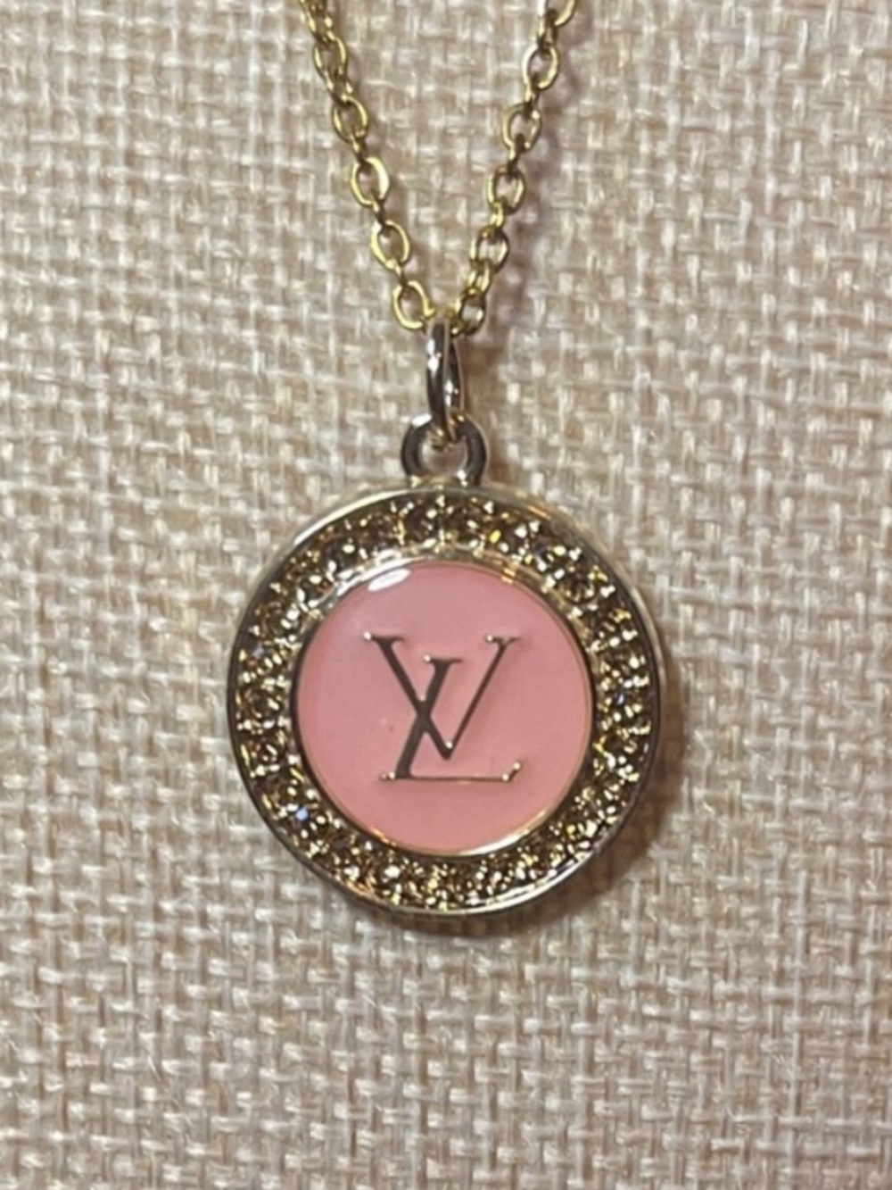 Gold-Tone Necklace with Pink Enamel LV Pendant